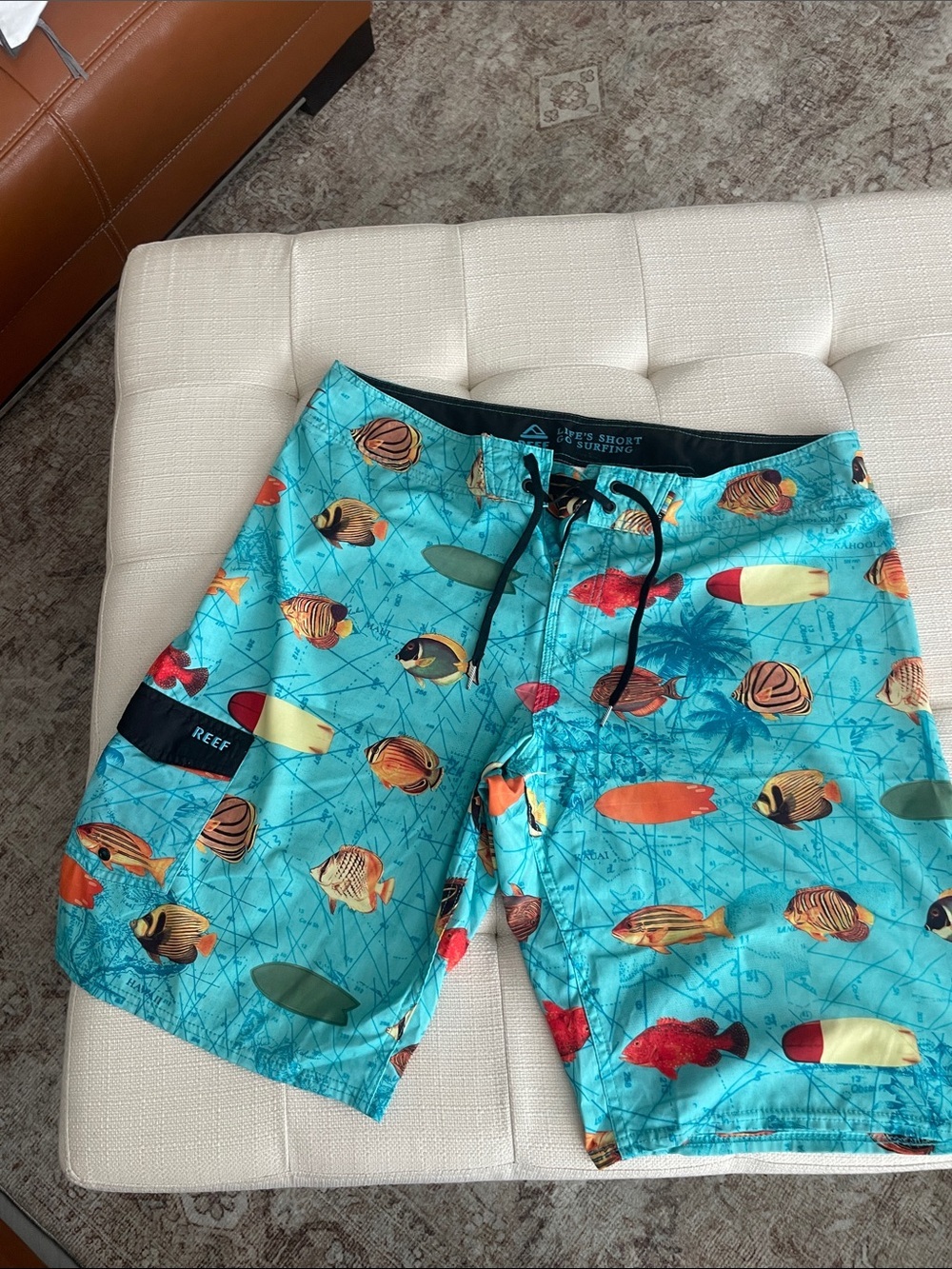 Reef Aqua Tropical Fish Surf Shorts with Multicolor Surfboard Print